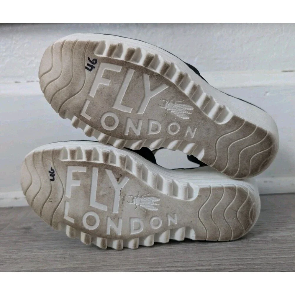 Fly London Yake Perforated Leather Wedge Sandals Black White Women's Sz 43 US 12